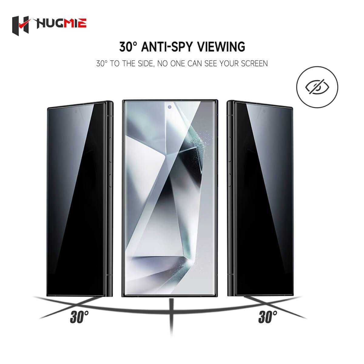 Hugmie 30° anti-spy viewing screen protector for Samsung S24 Series, blocking side views while maintaining front display clarity.